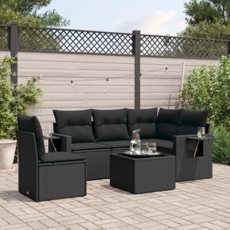 Salon de jardin 6 pcs avec coussins noir résine tressée 