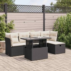 Salon de jardin 6 pcs avec coussins noir résine tressée 