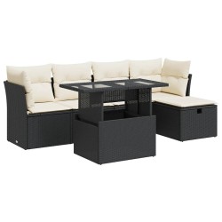 Salon de jardin 6 pcs avec coussins noir résine tressée 