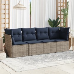 Salon de jardin 4 pcs avec coussins gris résine tressée 