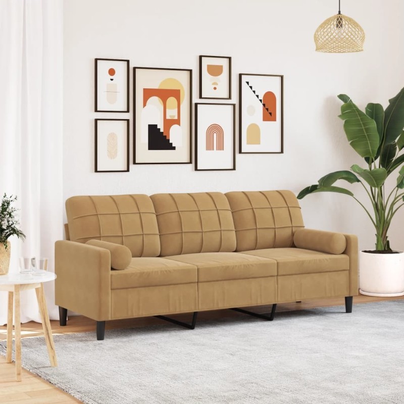 Canapé 3 places avec oreillers décoratifs marron 180 cm velours 