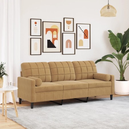 Canapé 3 places avec oreillers décoratifs marron 180 cm velours 