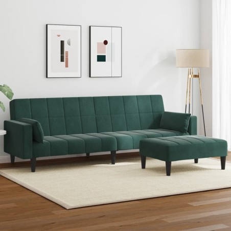 Canapé-lit à 2 places avec repose-pied vert foncé velours 