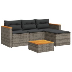 Salon de jardin 5 pcs avec coussins gris résine tressée acacia 