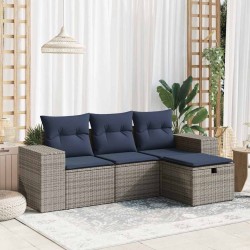 Salon de jardin 4 pcs avec coussins gris résine tressée 