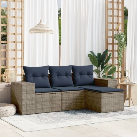 Salon de jardin 4 pcs avec coussins gris résine tressée 
