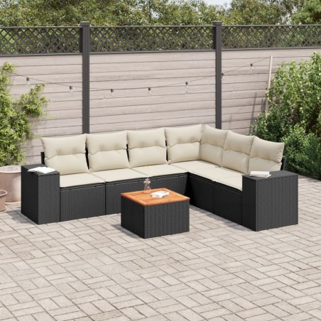 Salon de jardin 7 pcs avec coussins noir résine tressée 