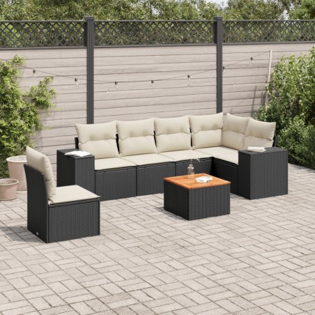 Salon de jardin 7 pcs avec coussins noir résine tressée 