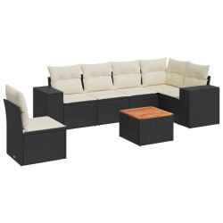 Salon de jardin 7 pcs avec coussins noir résine tressée 