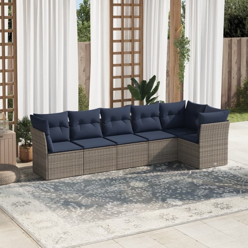 Salon de jardin 6 pcs avec coussins gris résine tressée 