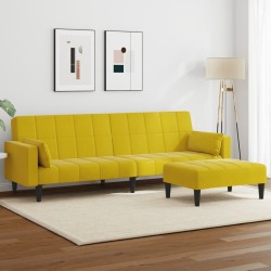Canapé-lit à 2 places avec repose-pied jaune velours 