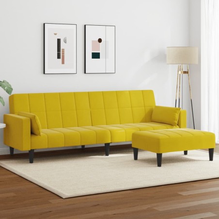 Canapé-lit à 2 places avec repose-pied jaune velours 