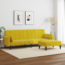 Canapé-lit à 2 places avec repose-pied jaune velours 