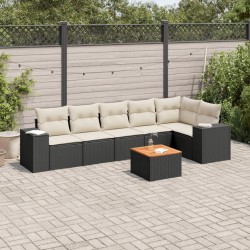 Salon de jardin 7 pcs avec coussins noir résine tressée 