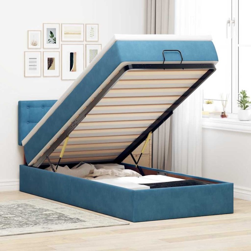 Cadre de lit ottoman avec matelas bleu foncé 90x190 cm velours 