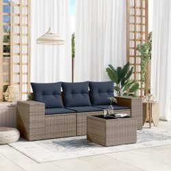 Salon de jardin 4 pcs avec coussins gris résine tressée 