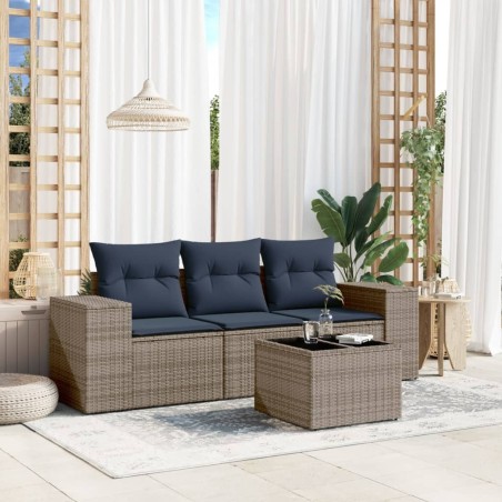 Salon de jardin 4 pcs avec coussins gris résine tressée 