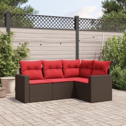 Salon de jardin 4 pcs avec coussins marron résine tressée 