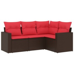 Salon de jardin 4 pcs avec coussins marron résine tressée 