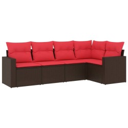 Salon de jardin avec coussins 5 pcs marron résine tressée 