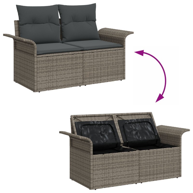 Ensemble de canapé de jardin 6 pièces avec coussins en rotin polygris, Canapé de jardin 2 places avec rangement et coussins en r