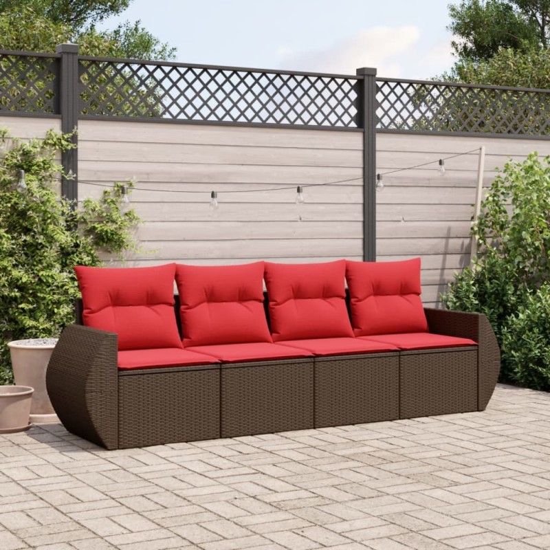Salon de jardin 4 pcs avec coussins marron résine tressée 