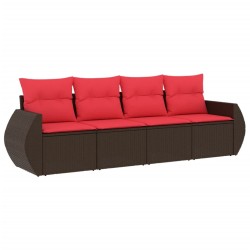 Salon de jardin 4 pcs avec coussins marron résine tressée 