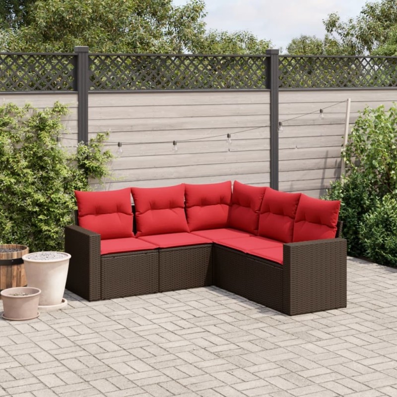 Salon de jardin avec coussins 5 pcs marron résine tressée 