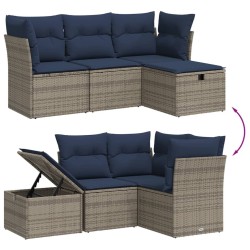 Salon de jardin 4 pcs avec coussins gris résine tressée 