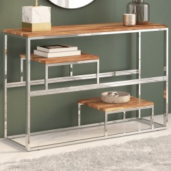 Table console argenté acier inoxydable et bois massif d'acacia 