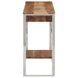 Table console argenté acier inoxydable et bois massif d'acacia 