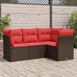 Salon de jardin 4 pcs avec coussins marron résine tressée 