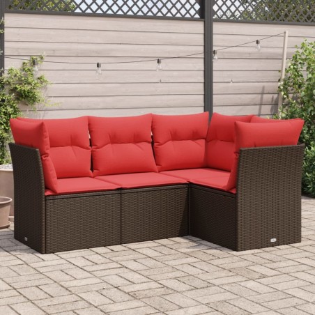 Salon de jardin 4 pcs avec coussins marron résine tressée 