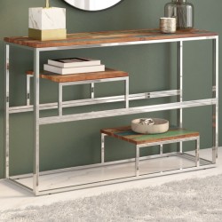 Table console argenté inox et bois de récupération massif 