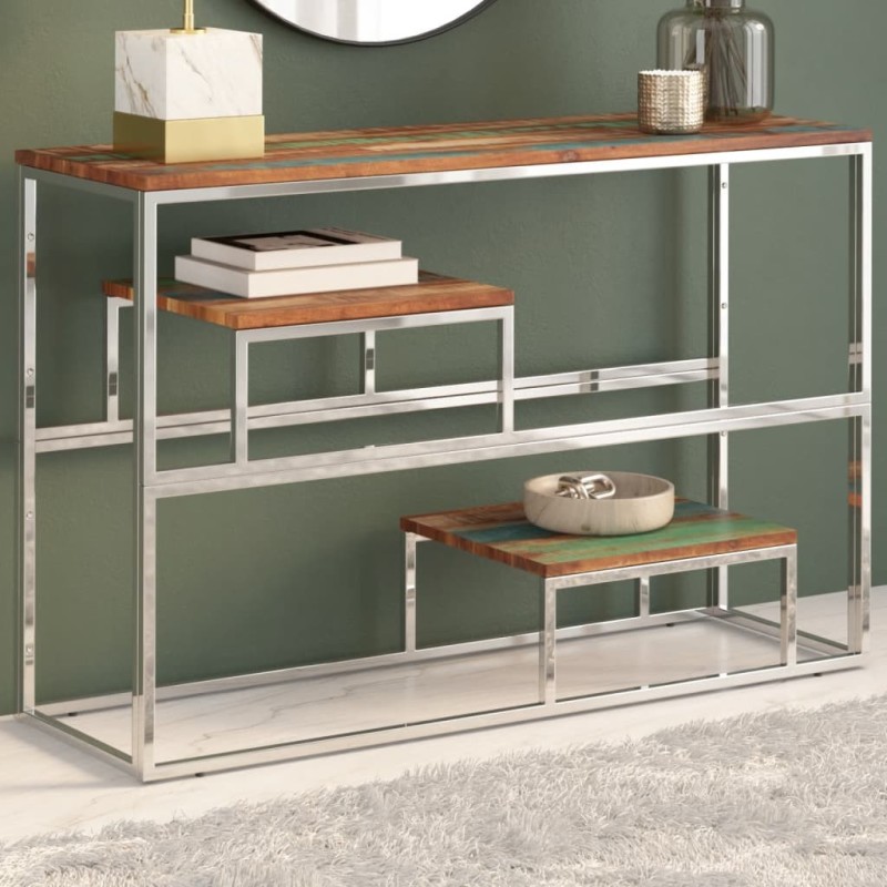 Table console argenté inox et bois de récupération massif Table console argenté inox et bois de récupération massif