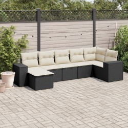 Salon de jardin 7 pcs avec coussins noir résine tressée 