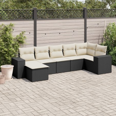 Salon de jardin 7 pcs avec coussins noir résine tressée 