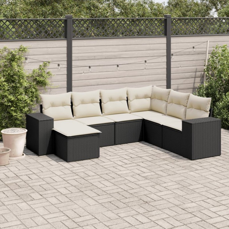 Salon de jardin 7 pcs avec coussins noir résine tressée 