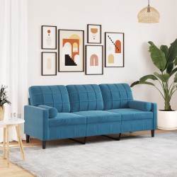 Canapé 3 places avec oreillers décoratifs bleu 180 cm velours 