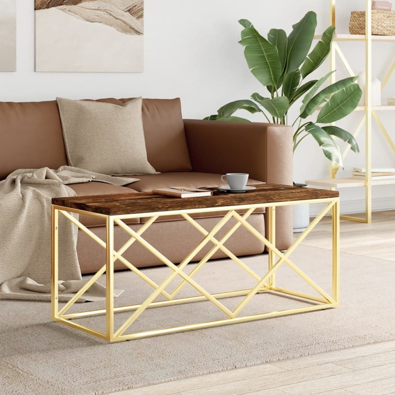 Table basse acier inoxydable et bois massif de récupération 