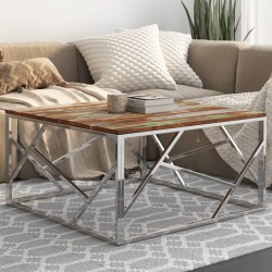 Table basse argenté inox et bois de récupération massif 