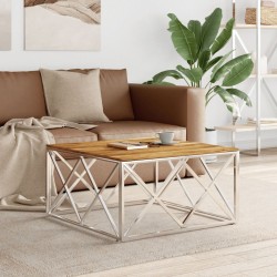 Table basse argenté acier inoxydable et bois massif d'acacia 