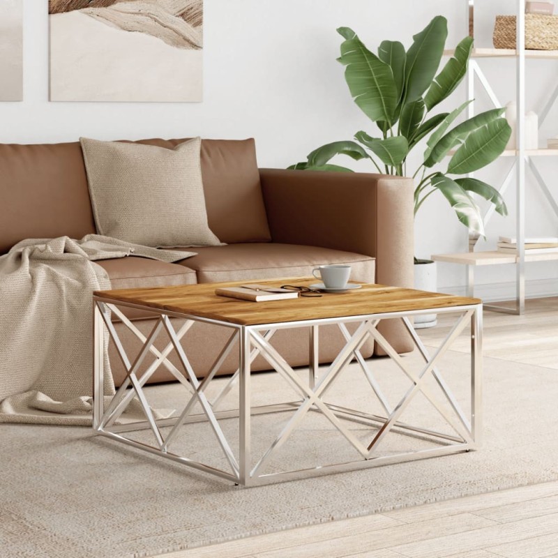 Table basse argenté acier inoxydable et bois massif d'acacia Table basse argenté acier inoxydable et bois massif d'acacia