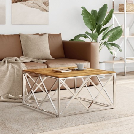 Table basse argenté acier inoxydable et bois massif d'acacia 