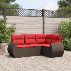 Salon de jardin 4 pcs avec coussins marron résine tressée 