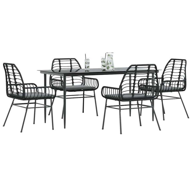 Ensemble à manger de jardin et coussins 5 pcs noir rotin verre 