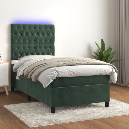 Sommier à lattes de lit et matelas et LED Vert foncé 90x190 cm 