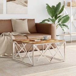 Table basse argenté acier inoxydable/bois massif récupération 
