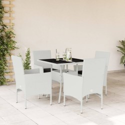 Ensemble à manger de jardin et coussins 5 pcs blanc rotin verre 