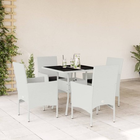 Ensemble à manger de jardin et coussins 5 pcs blanc rotin verre 